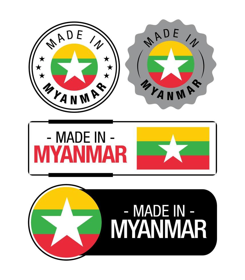 conjunto de hecho en myanmar etiquetas, logo, myanmar bandera, myanmar producto emblema vector