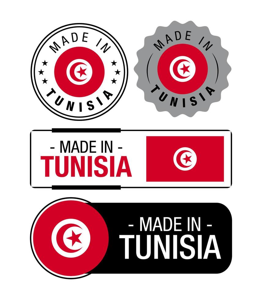 Set of Made in Tunisia labels, logo, Tunisia Flag, Tunisia Product Emblem vector