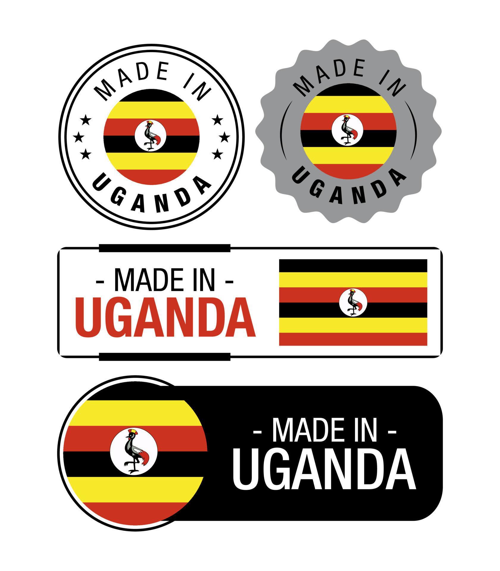 Set of Made in Uganda labels, logo, Uganda Flag, Uganda Product Emblem
