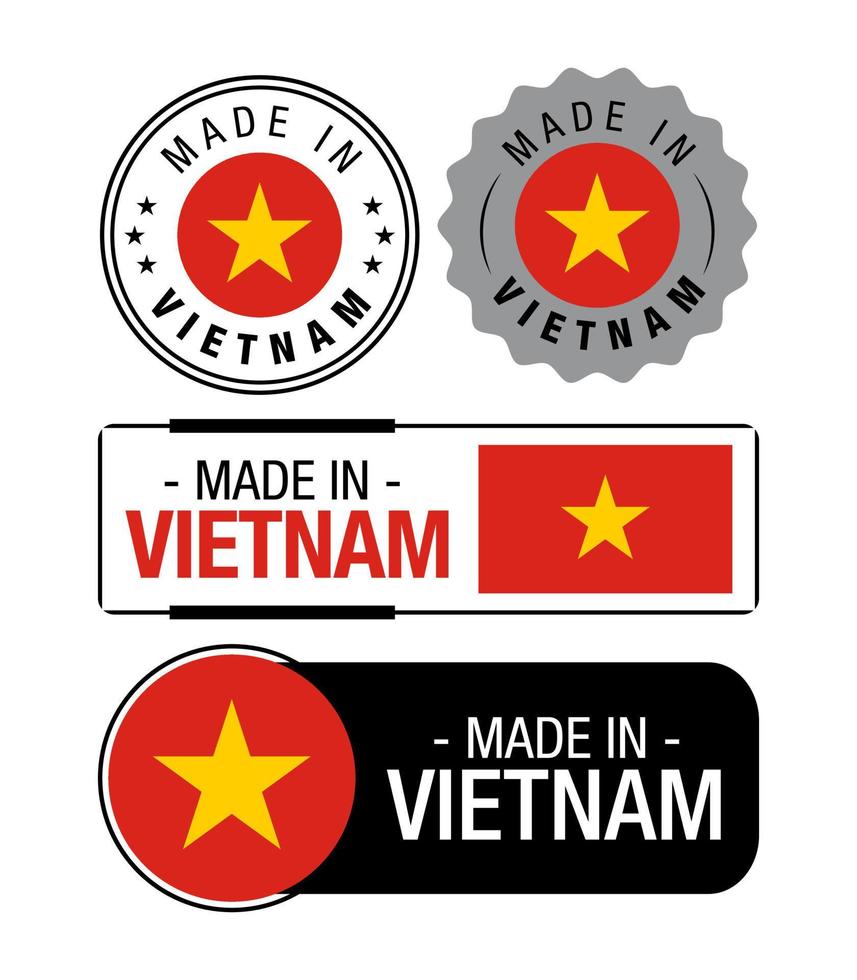 conjunto de hecho en Vietnam etiquetas, logo, Vietnam bandera, Vietnam producto emblema vector