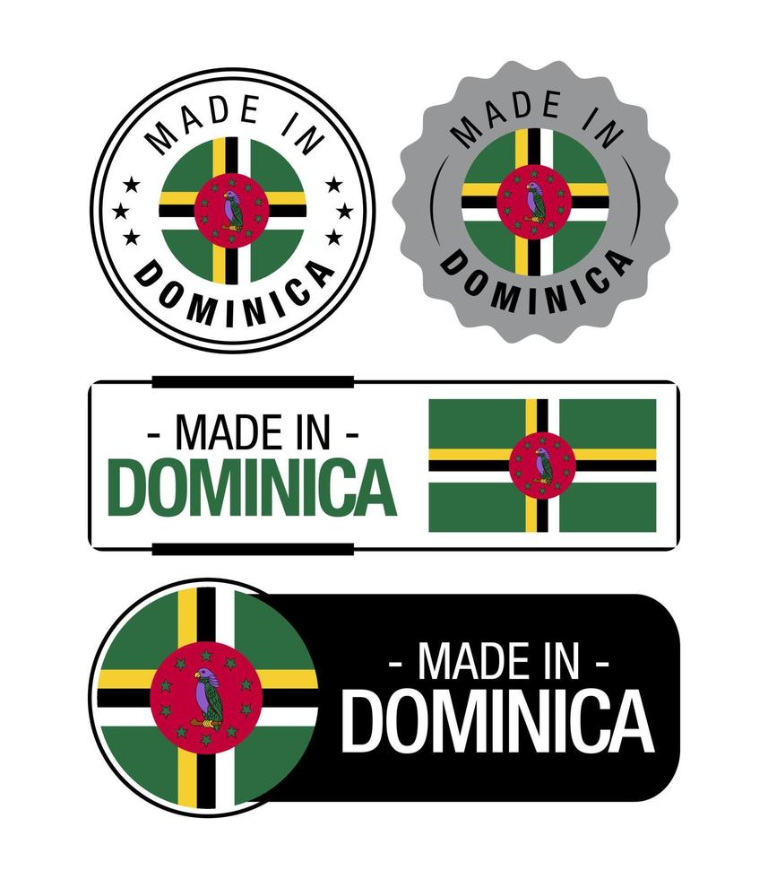 conjunto de hecho en dominica etiquetas, logo, dominica bandera, dominica producto emblema vector