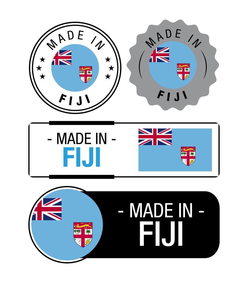 conjunto de hecho en Fiji etiquetas, logo, Fiji bandera, Fiji producto emblema vector