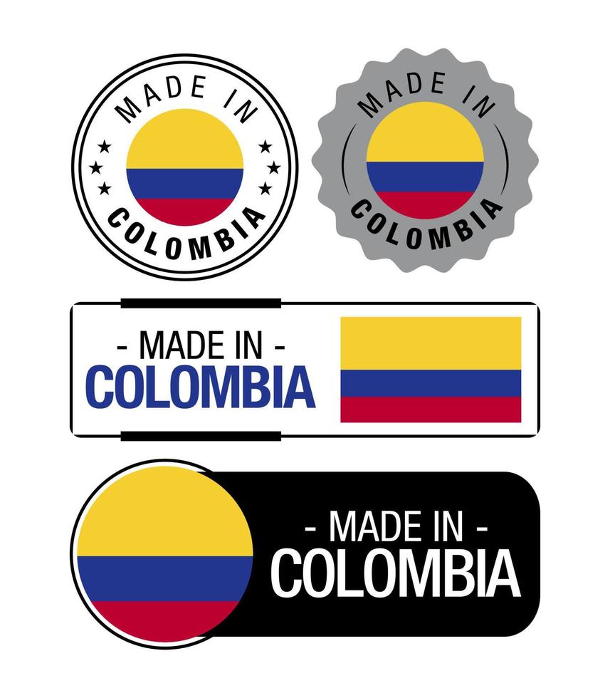 conjunto de hecho en Colombia etiquetas, logo, Colombia bandera, Colombia producto emblema vector