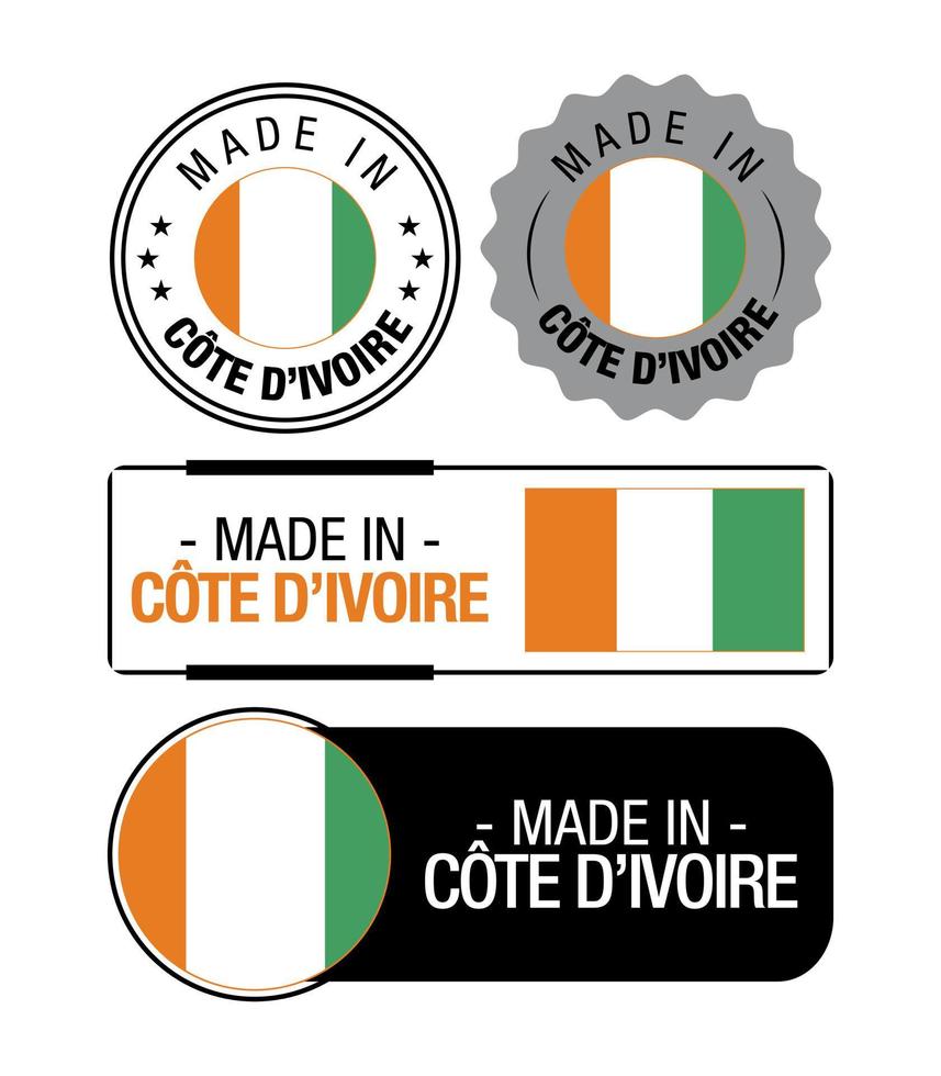 Set of Made in Cote d Ivoire labels, logo, Cote d Ivoire Flag, Cote d Ivoire Product Emblem vector