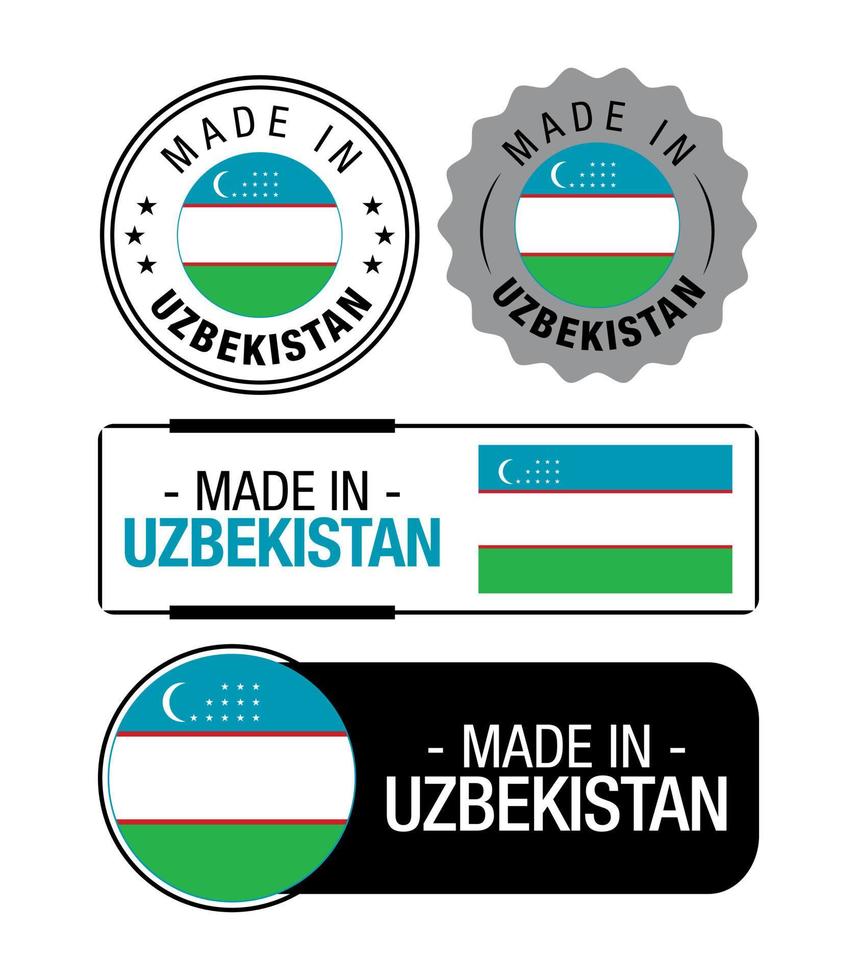 Set of Made in Uzbekistan labels, logo, Uzbekistan Flag, Uzbekistan Product Emblem vector