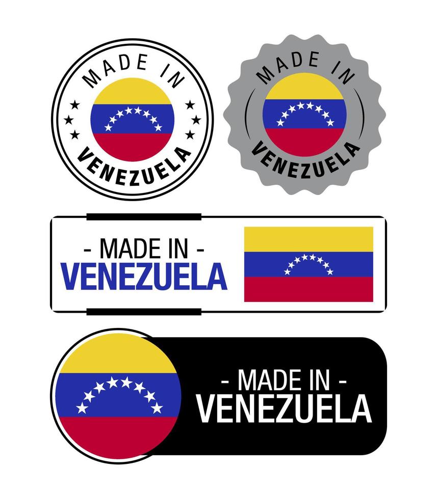 conjunto de hecho en Venezuela etiquetas, logo, Venezuela bandera, Venezuela producto emblema vector