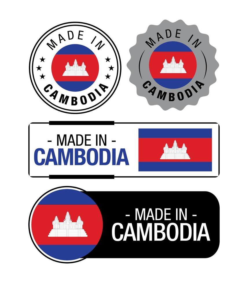 Set of Made in Cambodia labels, logo, Cambodia Flag, Cambodia Product Emblem vector