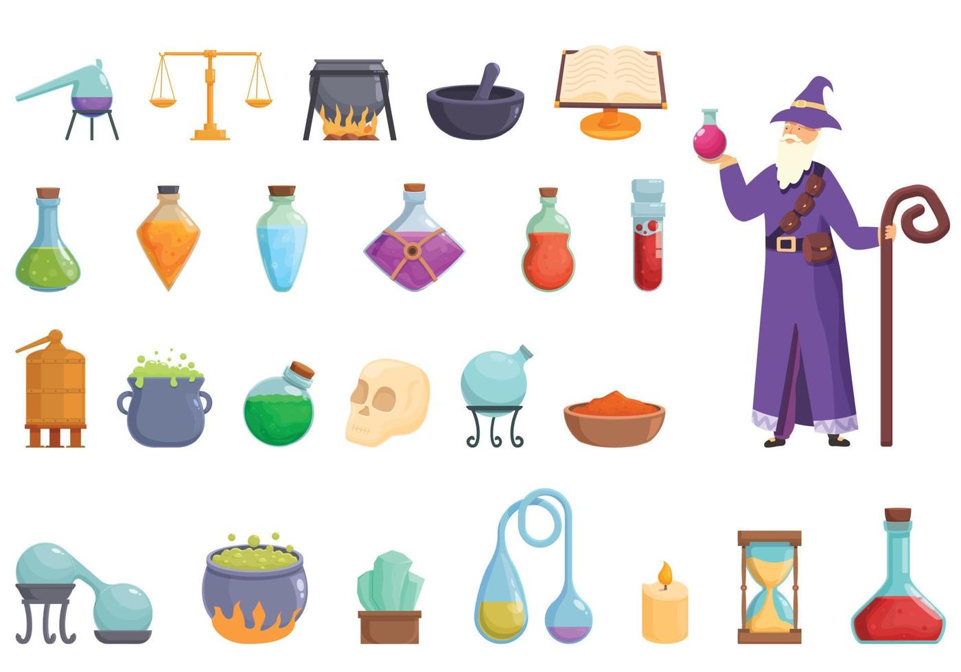 Alchemist icons set cartoon vector. Magic tool vector