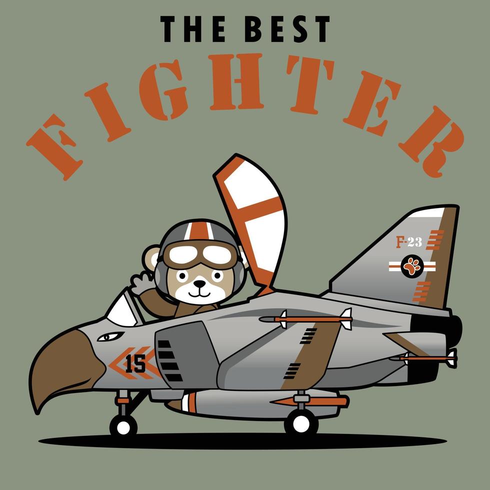 cute bear pilot on fighter jet, vector cartoon illustration