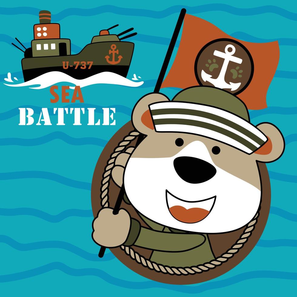 gracioso oso en marinero uniforme participación bandera con buque de guerra en azul mar fondo, vector dibujos animados ilustración