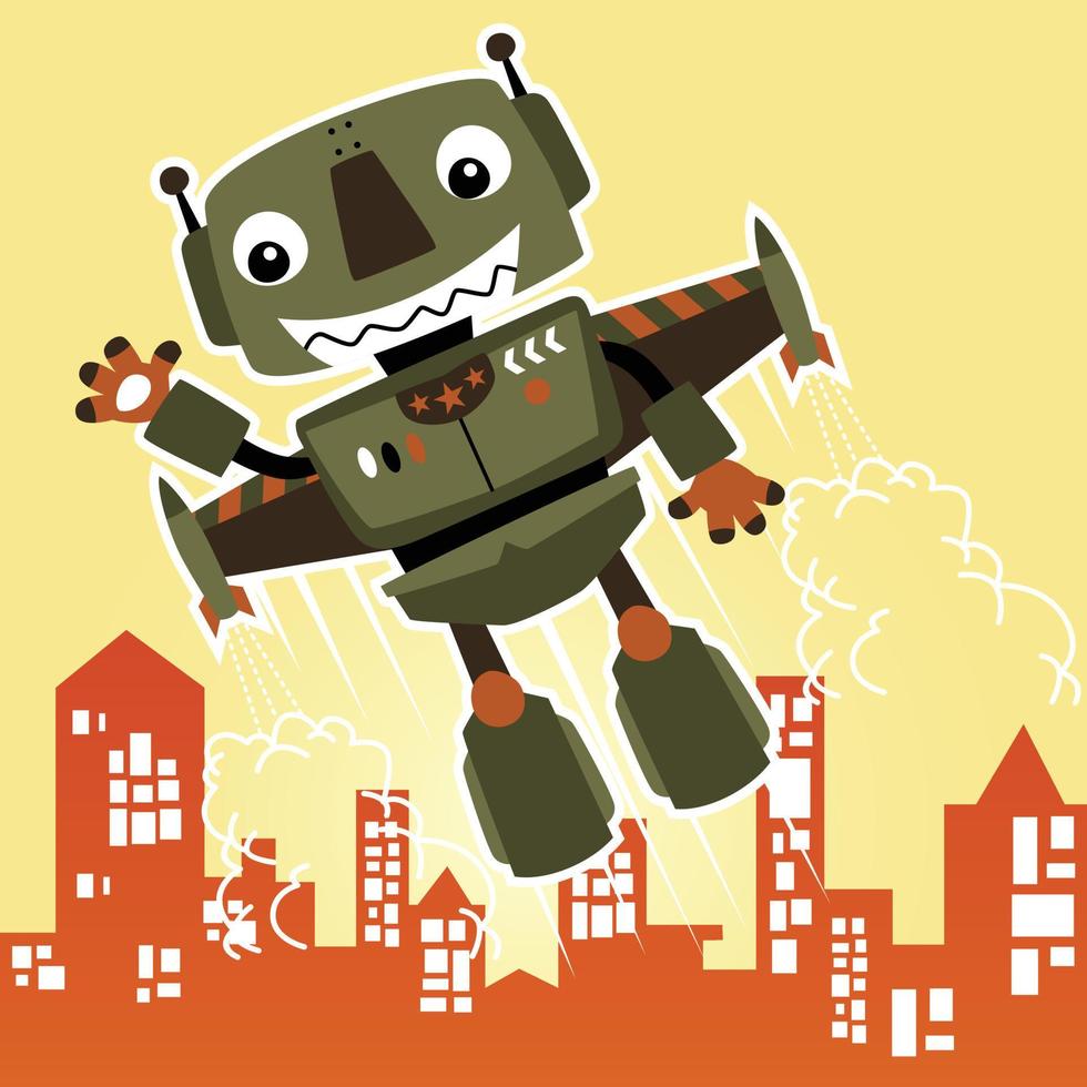 Funny robot soldier flying across buildings, vector cartoon illustration