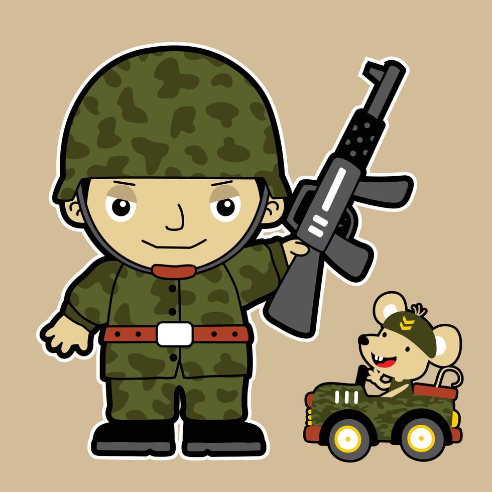 Little soldier with rifle, mouse driving military car, vector cartoon illustration