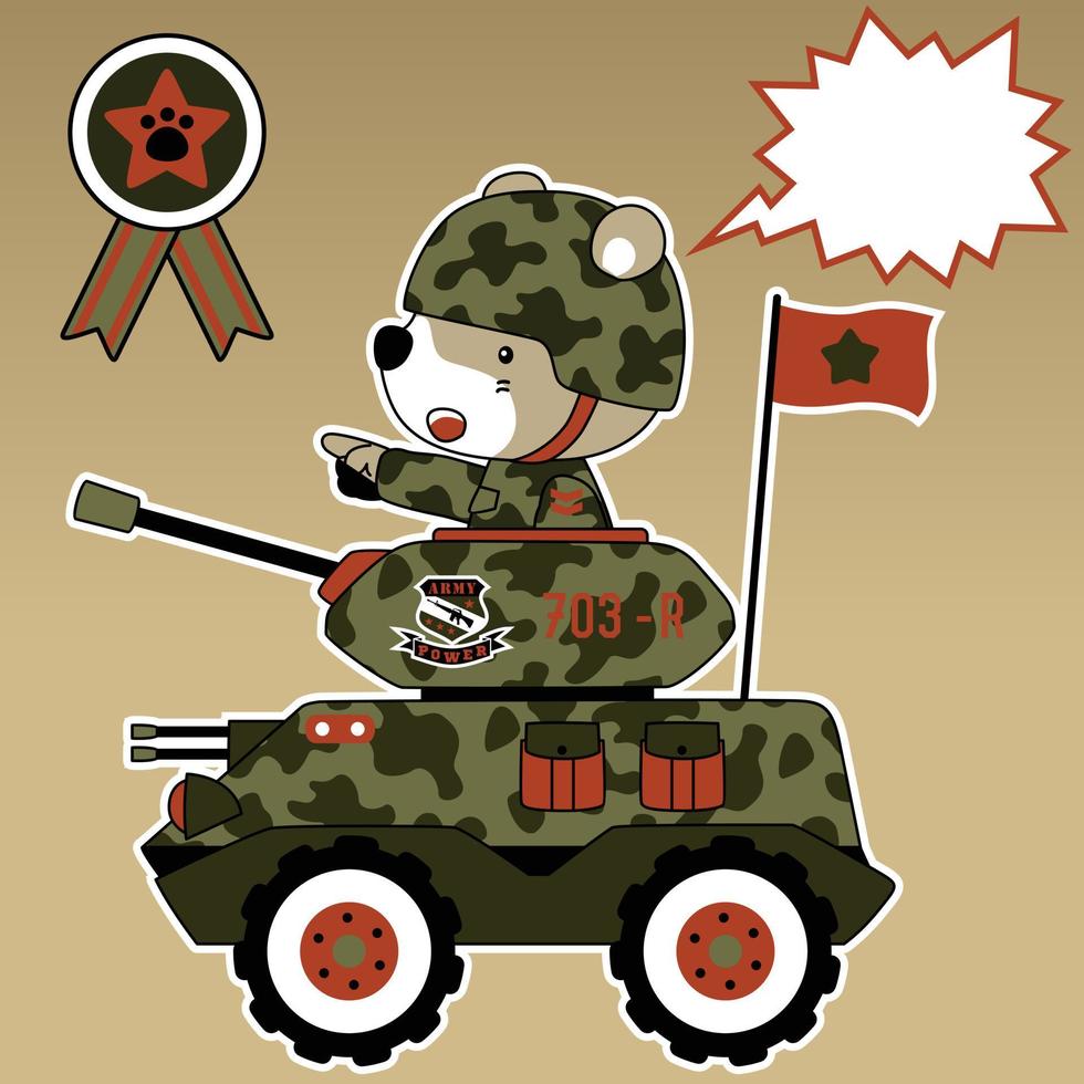 gracioso oso soldado en blindado vehículo, vector dibujos animados ilustración