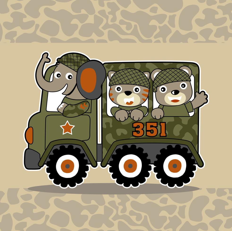 Funny animal soldiers on military truck, vector cartoon illustration