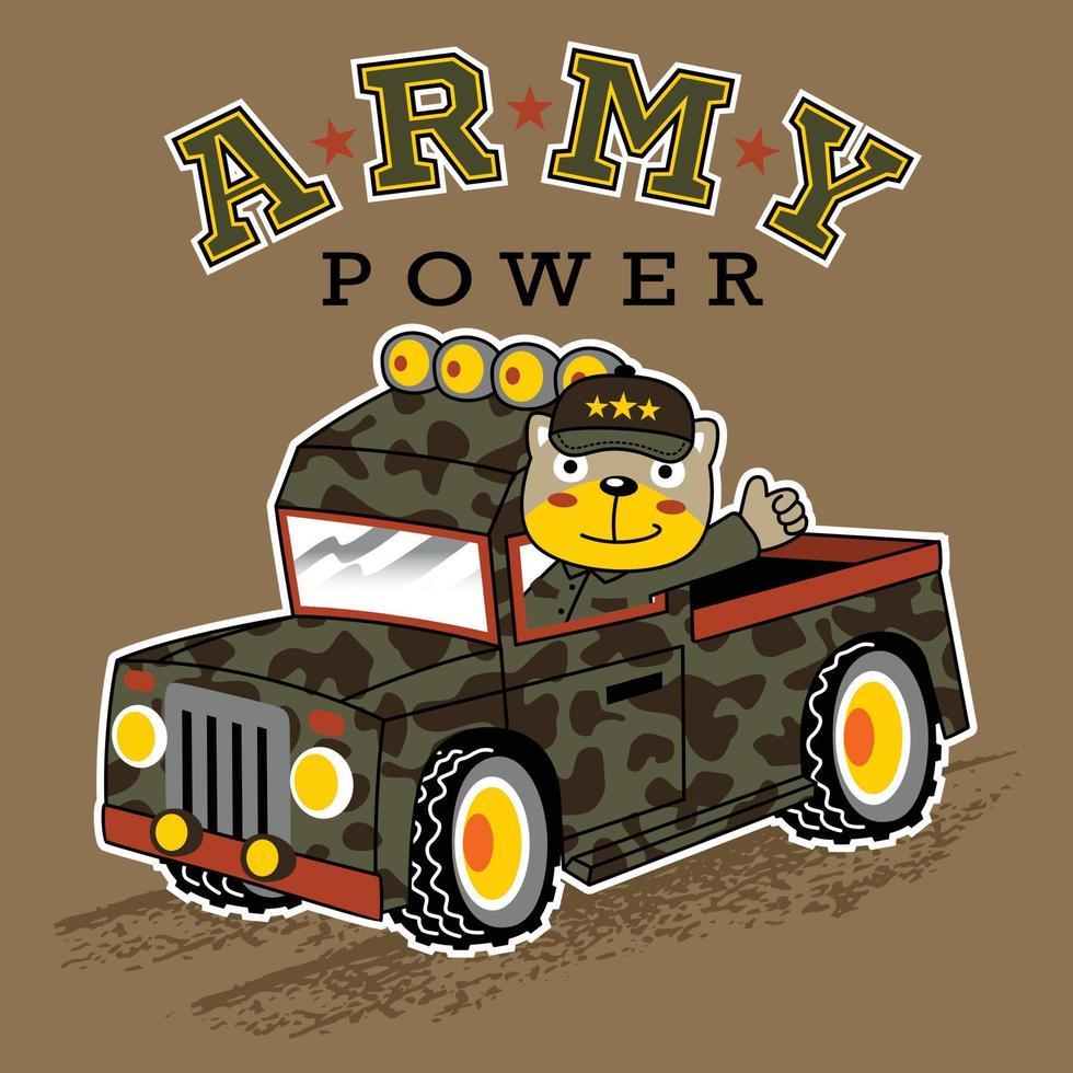 Funny cat soldier driving armored vehicle, vector cartoon illustration