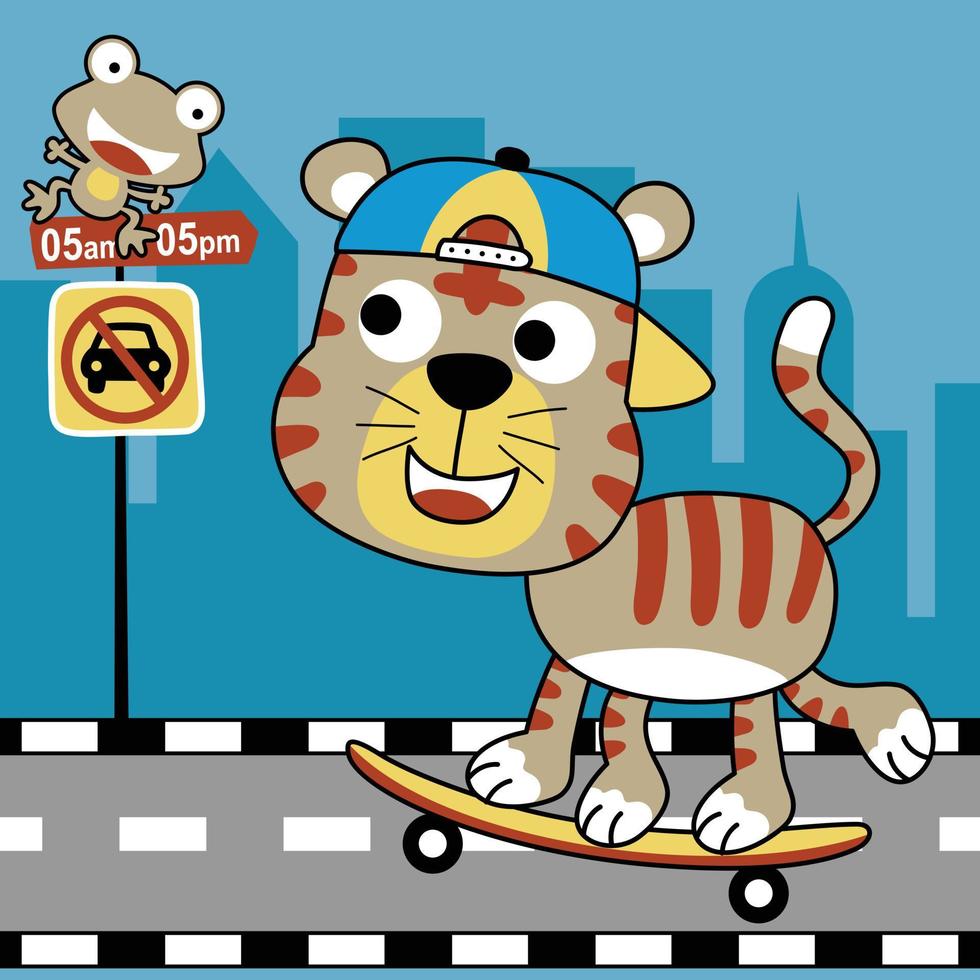 Funny cat playing skateboard in city road, frog sitting on road sign, vector cartoon illustration