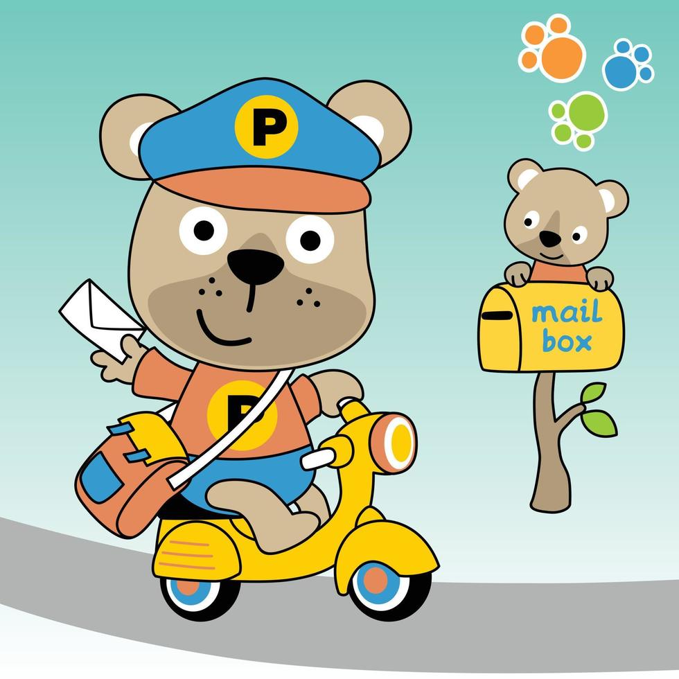 cute bear riding scooter, little bear on mail box, vector cartoon illustration