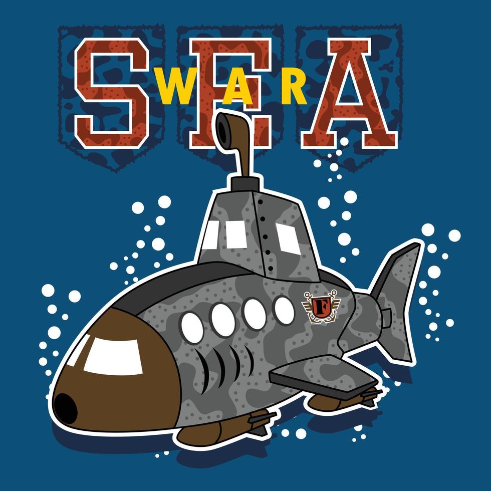 Military submarine undersea, vector cartoon illustration