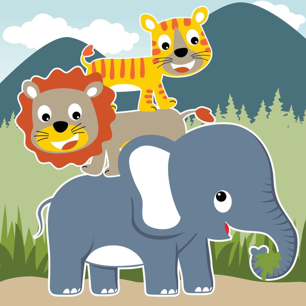 pile of cute animals on forest background, vector cartoon illustration