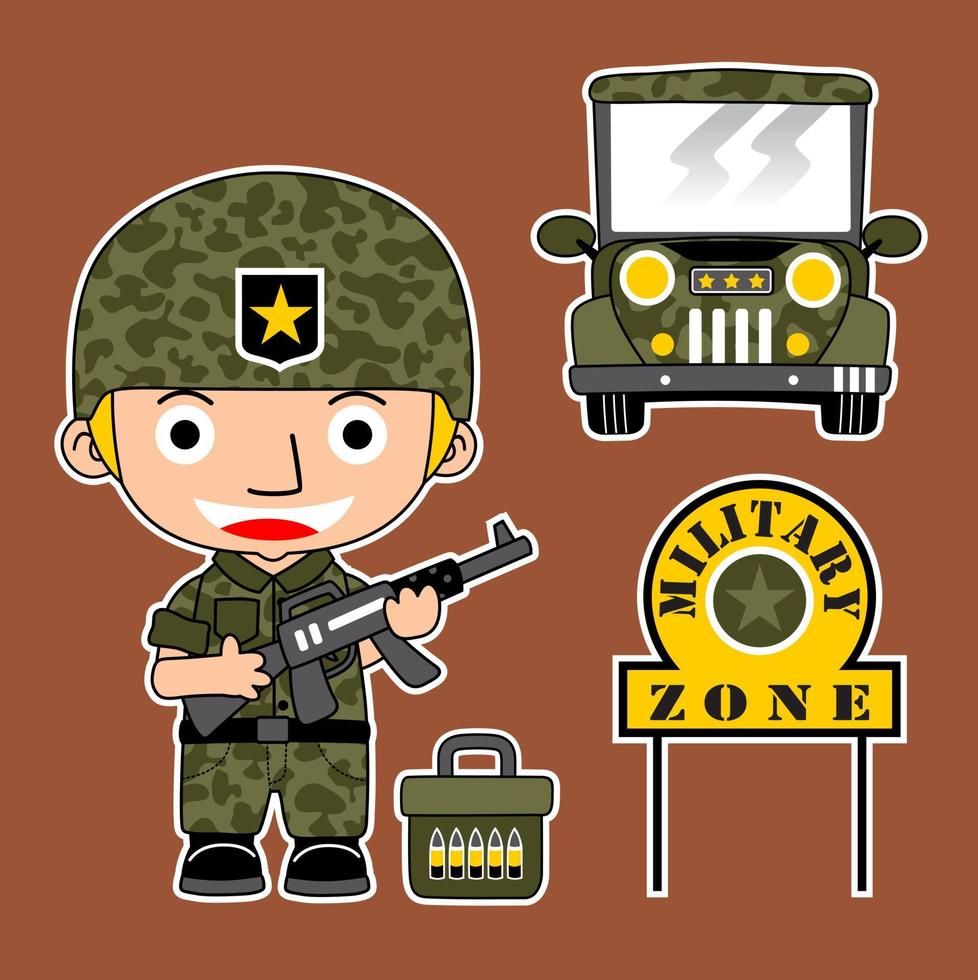 joven soldado participación rifle con militar vehículo, vector dibujos animados ilustración