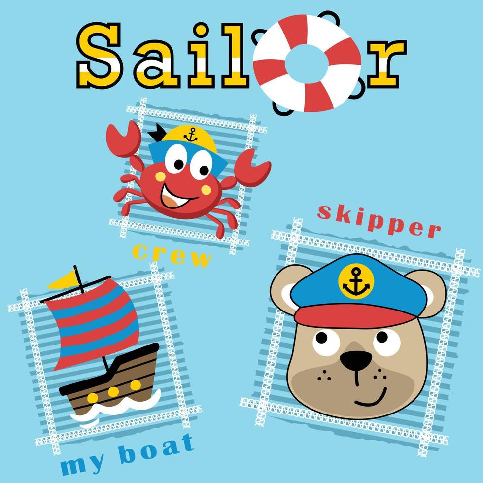Funny bear and crab with sailing elements, vector cartoon illustration