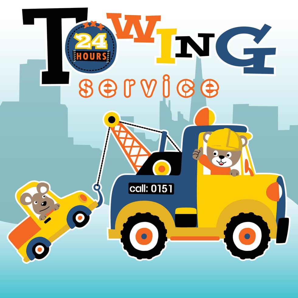 Cute bear driving tow truck towing a car with little mouse on buildings background, vector cartoon illustration