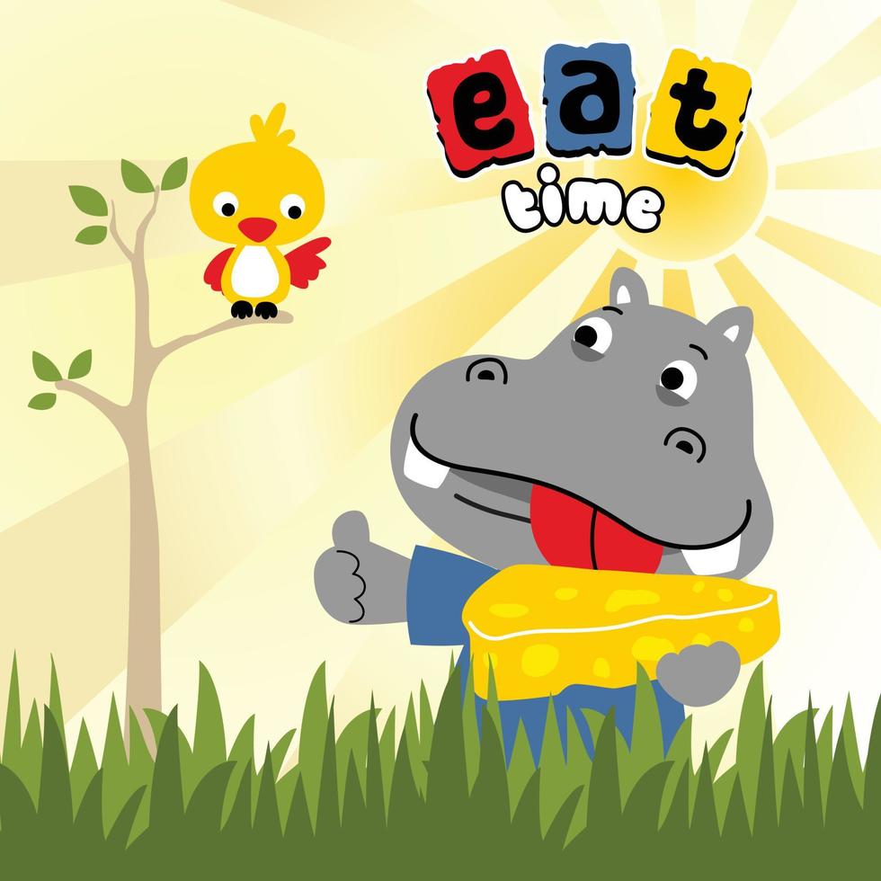 Cute hippo holding cheese with little bird on tree, vector cartoon illustration