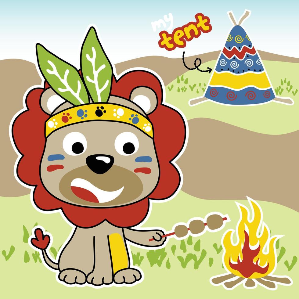 Cute lion wearing feather headdress roasting meatballs, Indian tribe elements, vector cartoon illustration