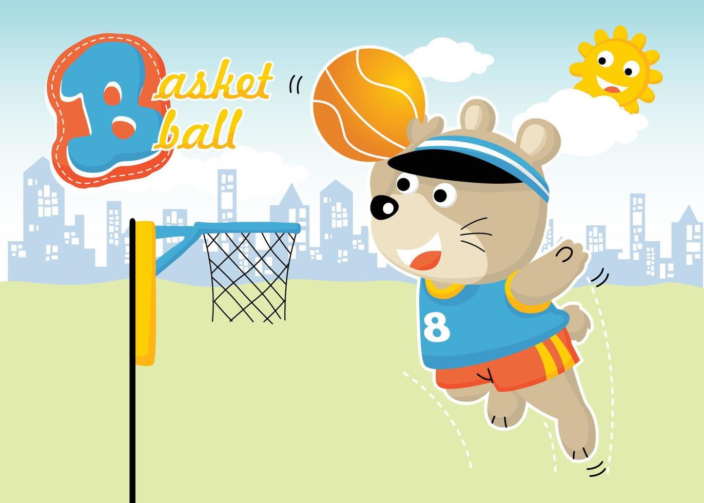 Cute bear playing basketball on buildings background, smiling sun behind clouds, vector cartoon illustration