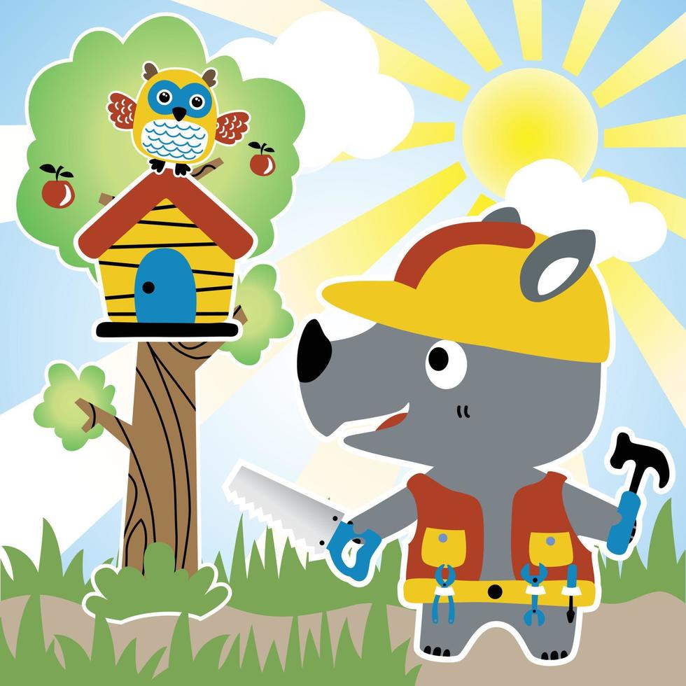Cute rhinoceros with builder equipment, owl on tree house, sunrise on blue sky background, vector cartoon illustration