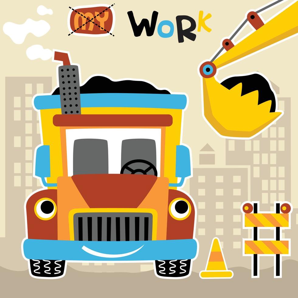 Funny dump truck working, construction elements, vector cartoon illustration