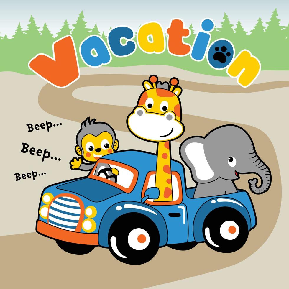 Funny animals on car, vector cartoon illustration