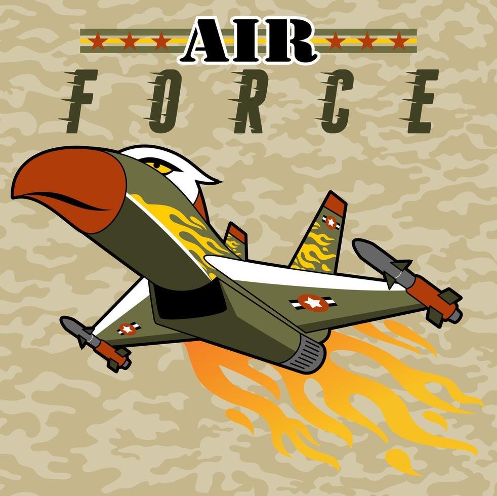 Fighter jet in eagle features on camouflage background, vector cartoon illustration