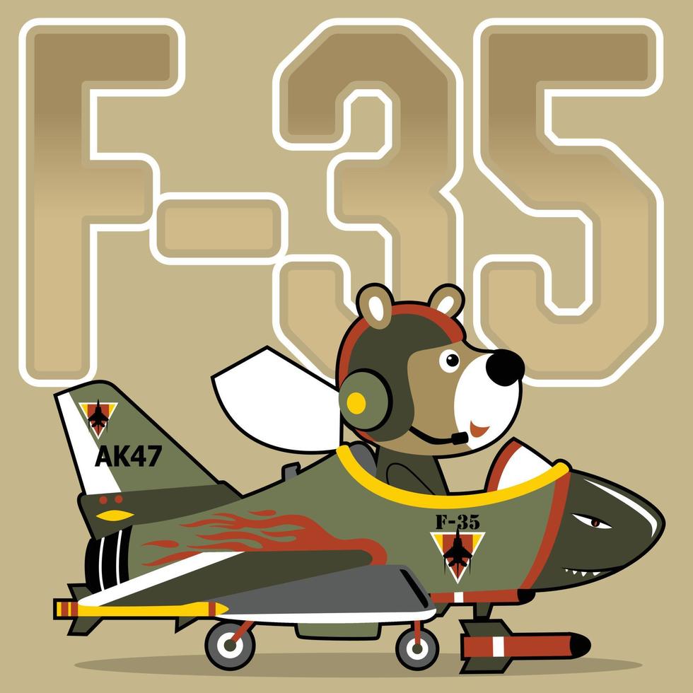 Cute bear pilot on fighter jet, vector cartoon illustration