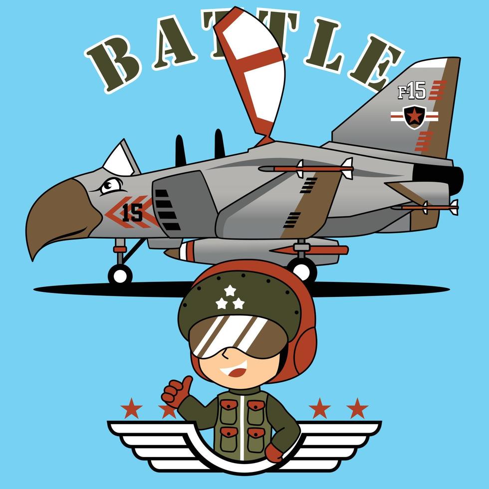 young pilot cartoon with fighter jet, vector cartoon illustration