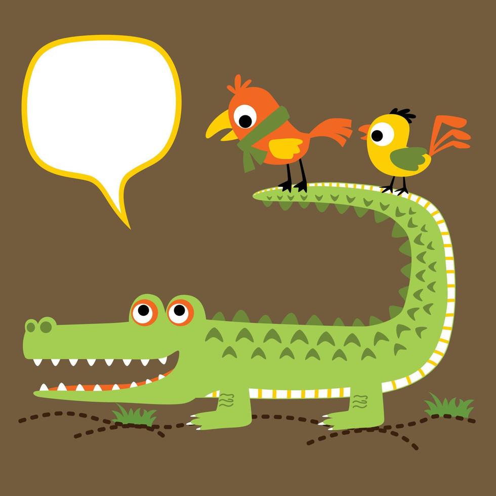 Funny crocodile with birds, vector cartoon illustration