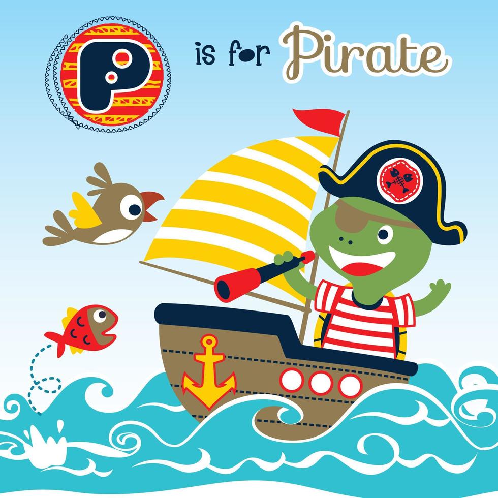 Funny turtle in pirate costume on sailboat with bird and fish, vector cartoon illustration
