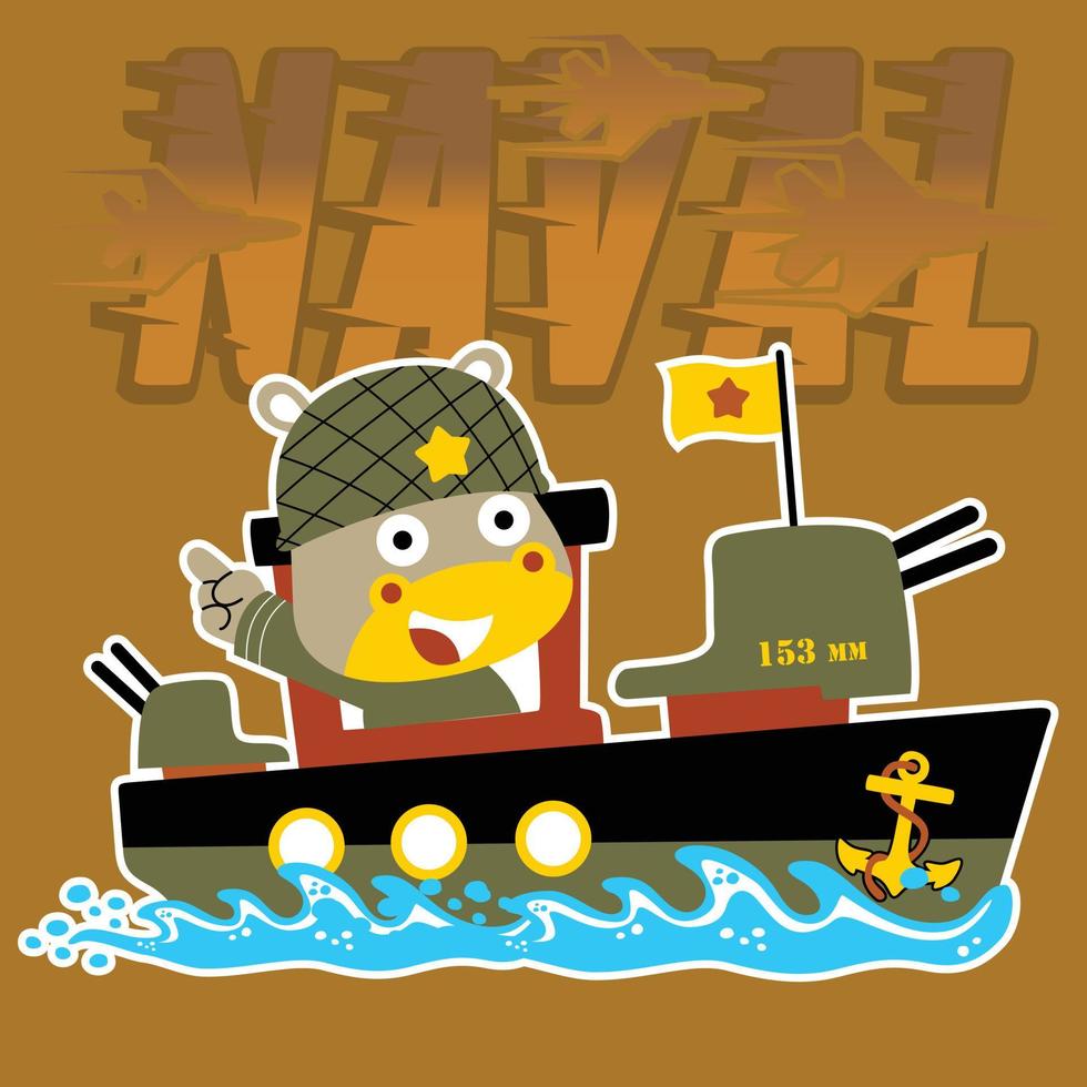 Cute hippo in soldier costume on warship, vector cartoon illustration