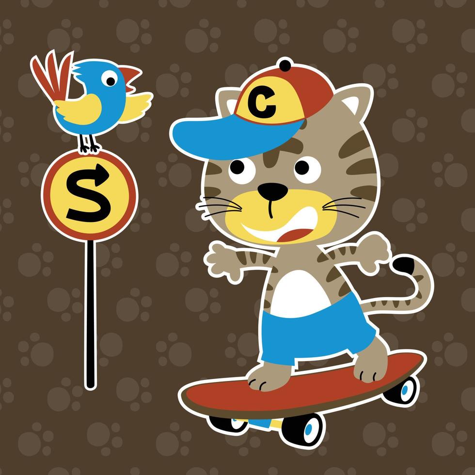 Funny kitten playing skateboard, little bird perching on road sign, vector cartoon illustration