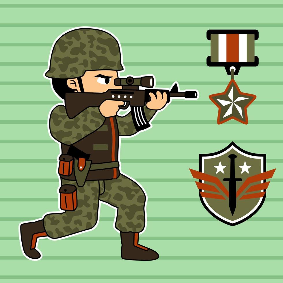 Soldier holding rifle with military logo, vector cartoon illustration