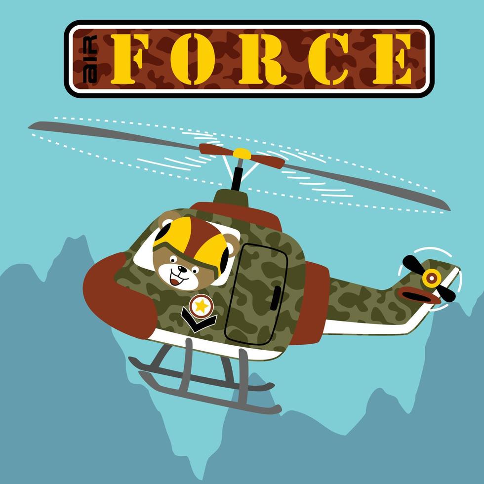 Cute bear on military helicopter, vector cartoon illustration