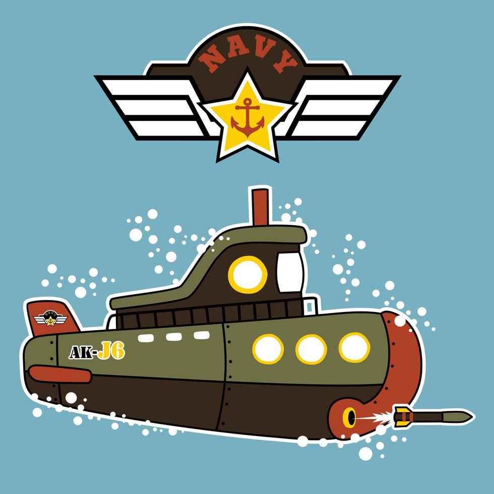 Military submarine firing a torpedo with military logo, vector cartoon illustration