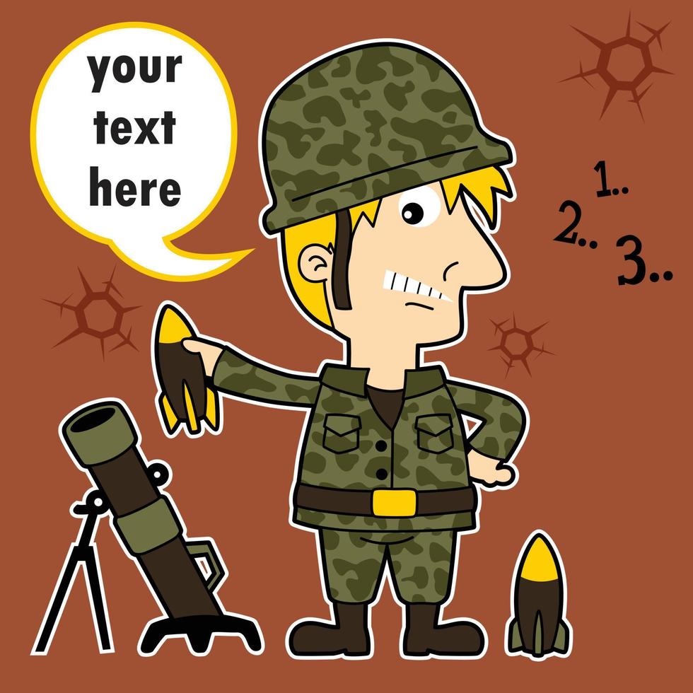 Young soldier with mortar launcher, vector cartoon illustration