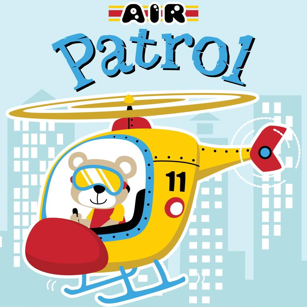funny bear on helicopter, vector cartoon illustration