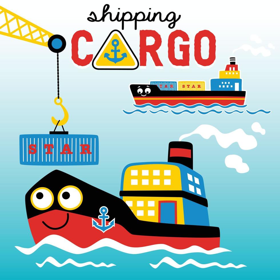 busy port with funny cargo ships, vector cartoon illustration