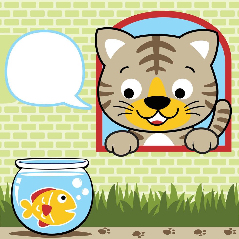 funny cat in the window with fish in the jars, vector cartoon illustration