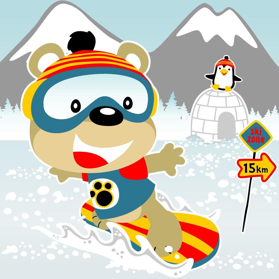 Cute bear snowboarding, little penguin on igloo, vector cartoon illustration