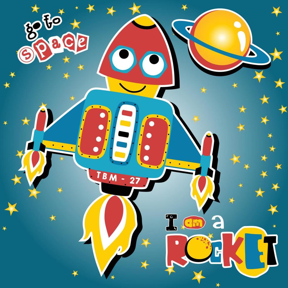 Funny rocket robot go to outer space, vector cartoon illustration