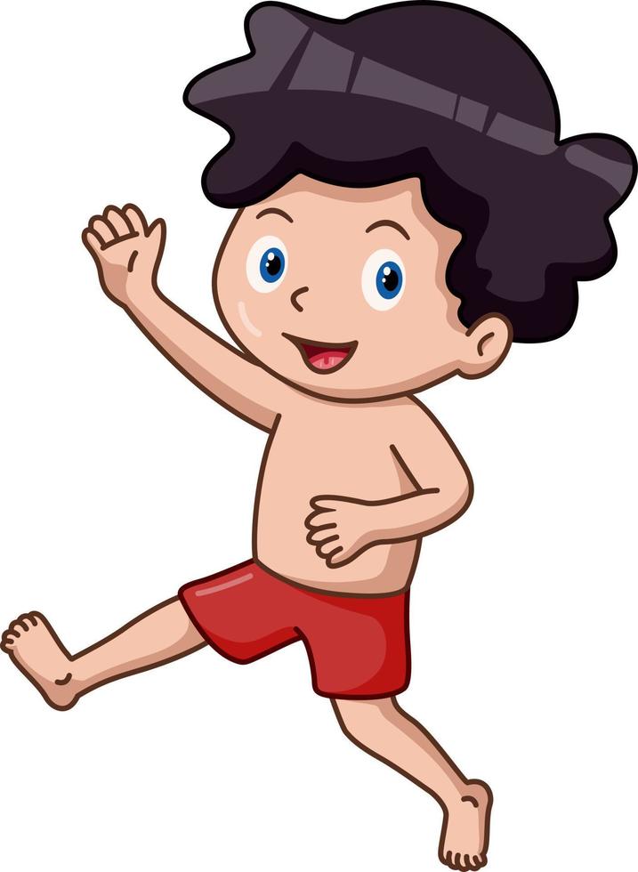 Cute little boy cartoon in swimsuit waving hand vector