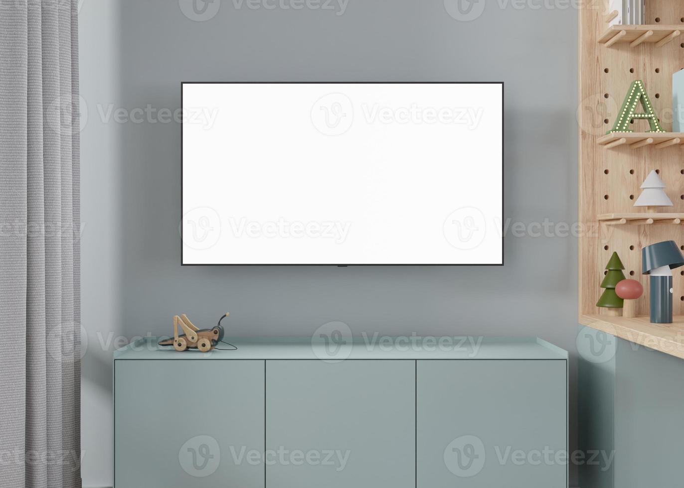 tv led con pantalla blanca en blanco, colgada en la pared de casa. maqueta  de televisión.